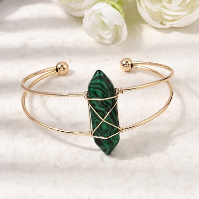 Brass Wire Wrapped Synthetic Malachite Hexagon Point Cuff Bangles for Women BJEW-L719-01G-06-1-1