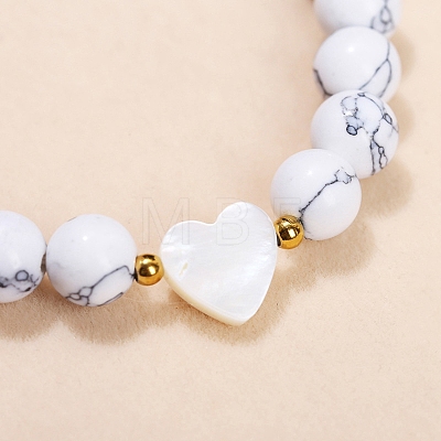 Natural Howlite Heart & Round Beads Stretch Bracelets for Men & Women PW-WG82341-01-1