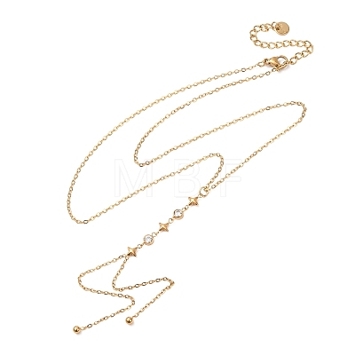 304 Stainless Steel Crystal Rhinestone Flat Round Star Pendant Y Tassel Lariat Necklaces for Women NJEW-F378-03G-1