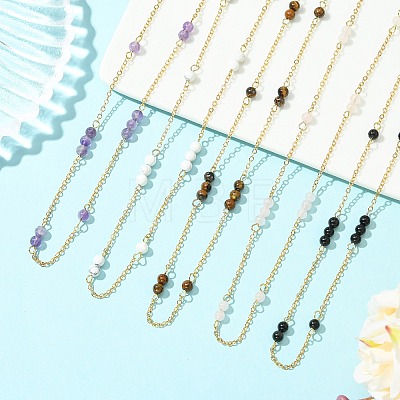 5MM Round Natural Mixed Stone Beads Brass Cable Chain Necklaces for Women NJEW-JN06378-1