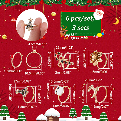  18Pcs 6 6 Style Santa Claus & Christmas Tree & Flower & Deer & Candy Cane Enamel Adjustable Rings Set RJEW-NB0001-03-1
