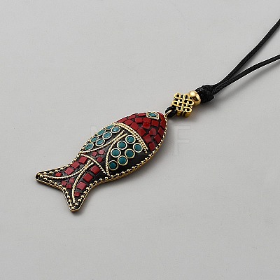 Adjustable Alloy Dark Red Fish Pendant Black Waxed Cord Necklaces NJEW-WH0001-52G-1
