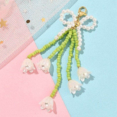 Bowknot & Flower Glass Seed Pendant Decoration HJEW-TA00311-01-1