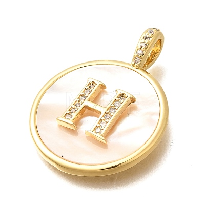 Rack Plating Brass Micro Pave Clear Cubic Zirconia Pendants with Shell KK-M309-42G-H-1