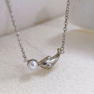 201 Stainless Steel and Imitation Pearl Dolphin with Ball Pendant Necklaces for Women WG99011-02-1