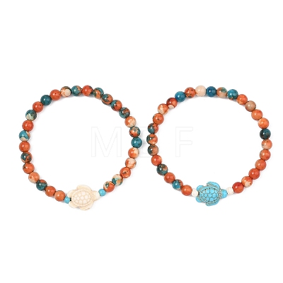 2Pcs Synthetic Ocean White Jade & Synthetic Turquoise Turtle Beads Stretch Bracelets for Women Men BJEW-JB13640-1