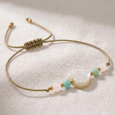 Summer Heart-shaped Faux Pearl Adjustable Braided Bead Bracelets for Daily Wear KQ0143-1