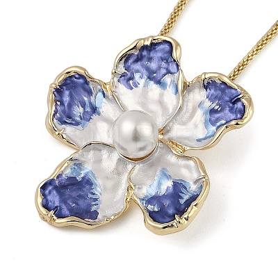 Alloy Blue Enamel Camellia Flower Pendant Necklaces NJEW-B113-02-1