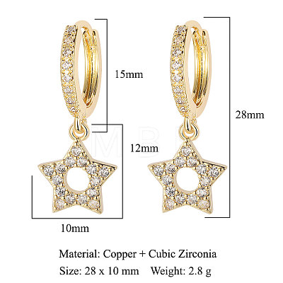 Clear Cubic Zirconia Star Dangle Hoop Earrings EJEW-OY001-18G-1