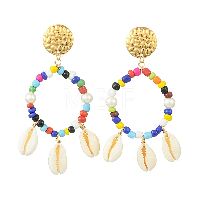 304 Stainless Steel & Natural Cowrie Shell Dangle Stud Earrings for Women EJEW-JE07231-1