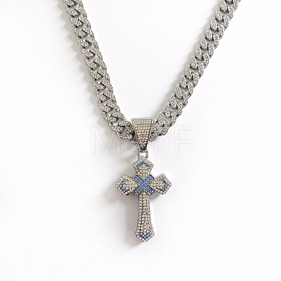 Hiphop Style Zinc Alloy Full Crystal & Aquamarine Rhinestone Religion Cross Pendant Cuban Link Chain Necklaces for Men WG1F4FB-01-1