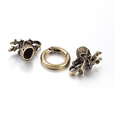 Tibetan Style Alloy Dragon Head with Ring Push Gate Spring Gate Rings PALLOY-E393-01-1