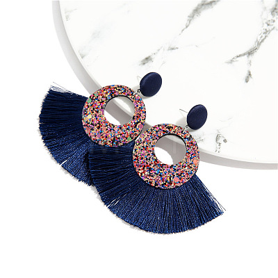 Bohemian Style Acrylic & Polyester Fan Tassel Stud Earrings FS-WGB5BEF-11-1