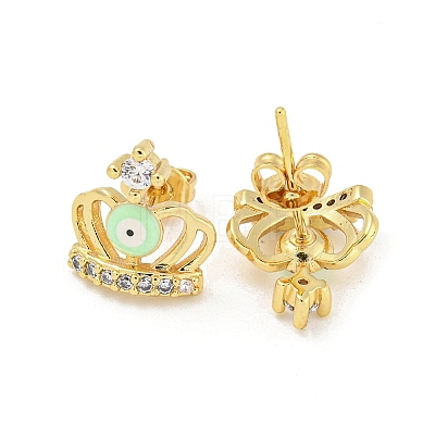 Crown with Evil Eye Real 18K Gold Plated Brass Stud Earrings EJEW-L269-108G-01-1