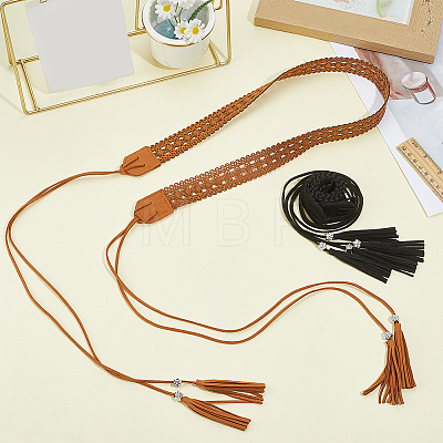 2Pcs 2 Colors Bohemian Imitation Leather Tassel Wrap Chain Belts AJEW-CL0003-47A-1