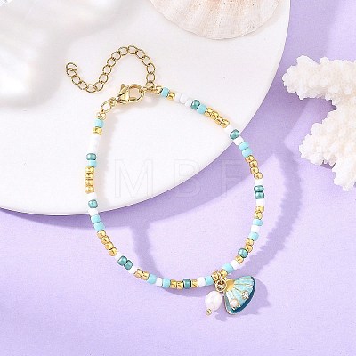 Ocean Natural Pearl and Alloy Crystal Rhinestone Enamel Shell Shape Charm Bracelets BJEW-JB14256-1