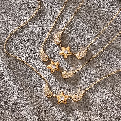 304 Stainless Steel Pave Clear Cubic Zirconia Star with Angel Wings Pendant Necklaces for Women WGBF81E-01-1