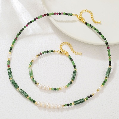 Faceted Round Natural Ruby in Zoisite & Column Green Spot Jasper & Freshwater Pearl Beaded Necklaces & Bracelets Sets for Women ZI1839-3-1