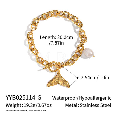 304 Stainless Steel Ocean Holiday Fish Tail Charm Bracelets with Natural Freshwater Pearl and OT Clasps TD7743-1-1