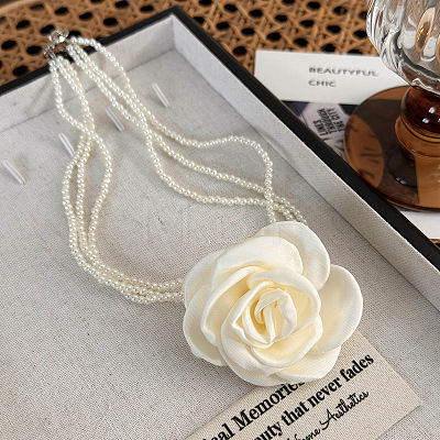 3 Layer White Round Faux Pearl 3D Rose Flower Pendant Choker Necklaces for Women WG1928F-01-1