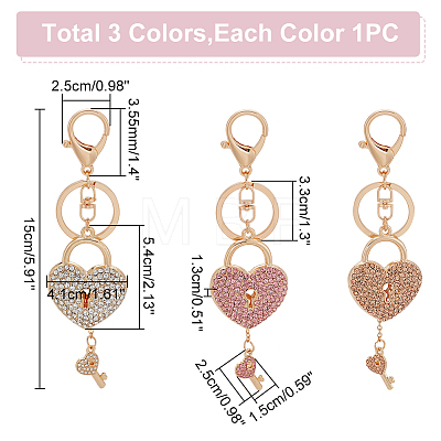 WADORN 3Pcs 3 Colors Heart Padlock Rhinestones Pendant Keychain with Heart Key Charm KEYC-WR0001-46-1