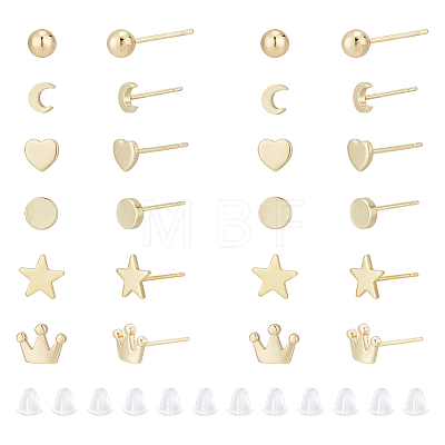 12 Pairs 6 Style Tiny Ball & Crown & Heart & Moon & Star Brass Stud Earrings for Women KK-GA0001-50-1