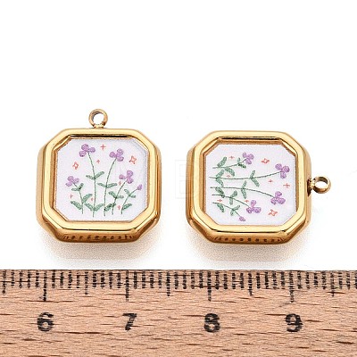 Printed Style 304 Stainless Steel Square with Flower Pendants STAS-T071-24B-G-1