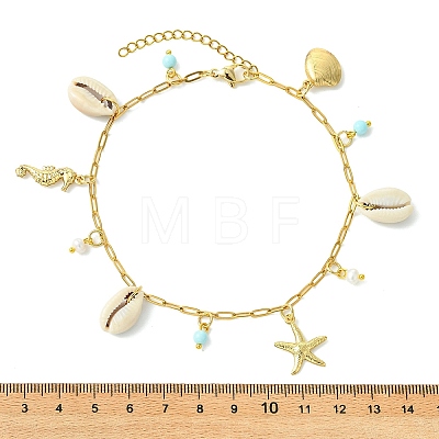Ocean Natural Cowrie Shell & 304 Stainless Steel Starfish & Dyed Round Natural Howlite Charm Anklets for Women AJEW-AN00819-1