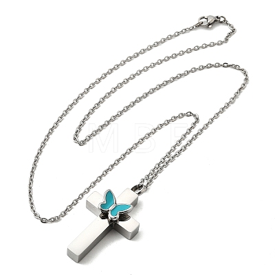 304 Stainless Steel Enamel Butterfly Cross Pendant Urn Ashes Necklaces NJEW-K393-03P-1