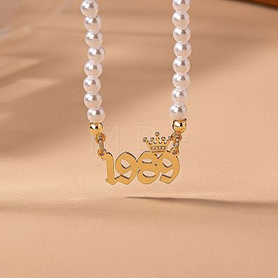 Alloy Crown Birth Year Pendant Imitation Pearl Round White Beaded Necklaces for Women FS-WG173C9-29-1