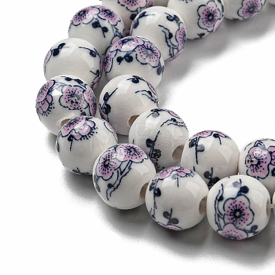 Handmade Flower Printed Porcelain Ceramic Beads Strands PORC-M007-10mm-05-1