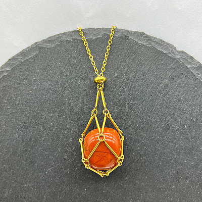 Natural Red Jasper Nuggets Macrame Pouch Pendant 201 Stainless Steel Chain Necklaces FS-WG7A779-15-1