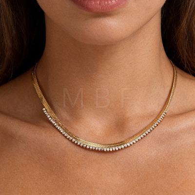 304 Stainless Steel Pave Square Clear Cubic Zirconia Flat Snake Chain Necklaces for Women WG60D5C-01-1