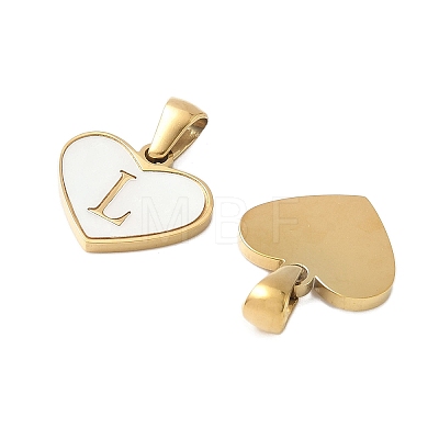 304 Stainless Steel Pave Natural White Shell Heart with Initial Slice Pendants STAS-R168-25G-L-1