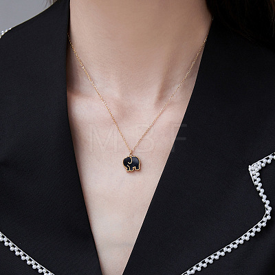 304 Stainless Steel & Dyed Natural Shell Black White Double Sided Elephant Pendant Cable Chain Necklaces for Women WGC210C-01-1