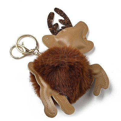 Imitation Rex Rabbit Fur & PU Leather Christmas Reindeer Pendant Keychain KEYC-K018-02KCG-03-1
