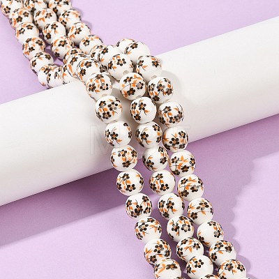 Handmade Flower Printed Porcelain Ceramic Beads Strands PORC-M007-10mm-04-1