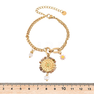 Flat Round & Flower 304 Stainless Steel & Enamel Charm Bracelets BJEW-P375-02G-1