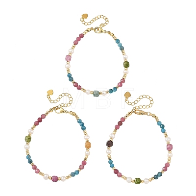 Natural Mixed Gemstone Faceted Round and Cube Beaded Bracelets with Natural Pearl & Brass End Chains BJEW-JB14336-03-1