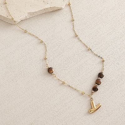 European Faceted Natural Tiger Eye 304 Stainless Steel Alphabet Pendant Necklaces QN9691-25-1
