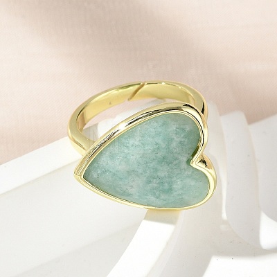 Heart Brass Natural Amazonite Finger Rings RJEW-D304-01G-E-1