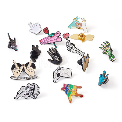 Craftdady 15Pcs 15 Style Gesture with Words Enamel Pins JEWB-CD0001-04-1