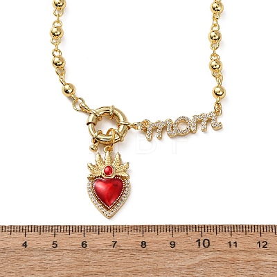 Mother's Day Brass Micro Pave Clear Cubic Zirconia Enamel Red Sacred Heart Mama Pendant Necklaces for Women NJEW-A071-12C-G-1