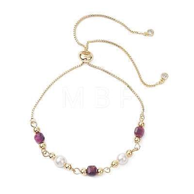Dyed & Heated Natural Tiger Eye Cube & Shell Pearl Round Beads Link Bracelets BJEW-JB12907-02-1