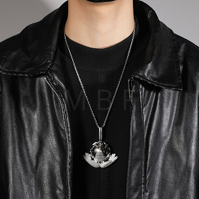 Brass Micro Pave Clear Cubic Zirconia Earth with Hands Pendant 316L Surgical Stainless Steel Rope Chain Necklaces for Men FS-WG87F27-02-1