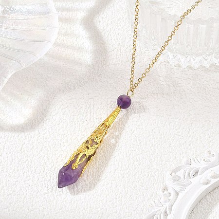 304 Stainless Steel Filigree Natural Amethyst Faceted Pointed Bullet Pendant Brass Cable Chain Necklaces NJEW-JN06568-02-1