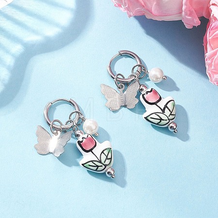 Flower with Butterfly 304 Stainless Steel Hoop Earrings EJEW-JE06749-01-1