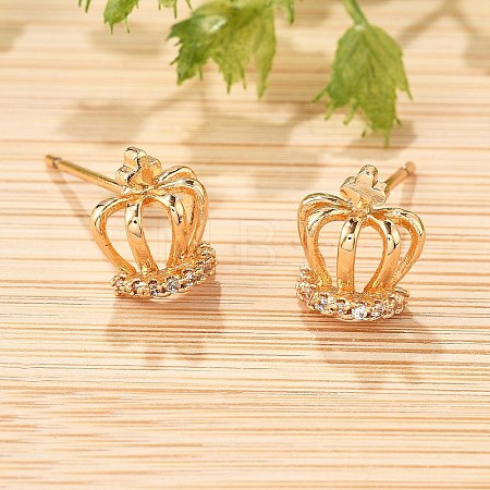 Crown Brass Micro Pave Clear Cubic Zirconia Stud Earrings for Women EJEW-G428-06G-1