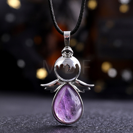 Angel Wings Natural Amethyst Teardropt Pendant Necklaces CI6428-6-1