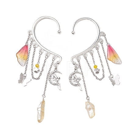 Wing Resin & Natural Quartz Crystal Points Beaded Dangle Earrings EJEW-TA00522-1